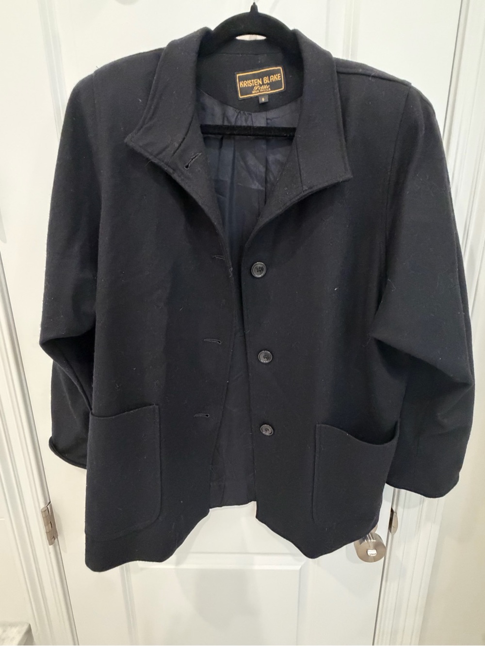 Kristen Blake Black Womens Pea Coat with Patch Pockets